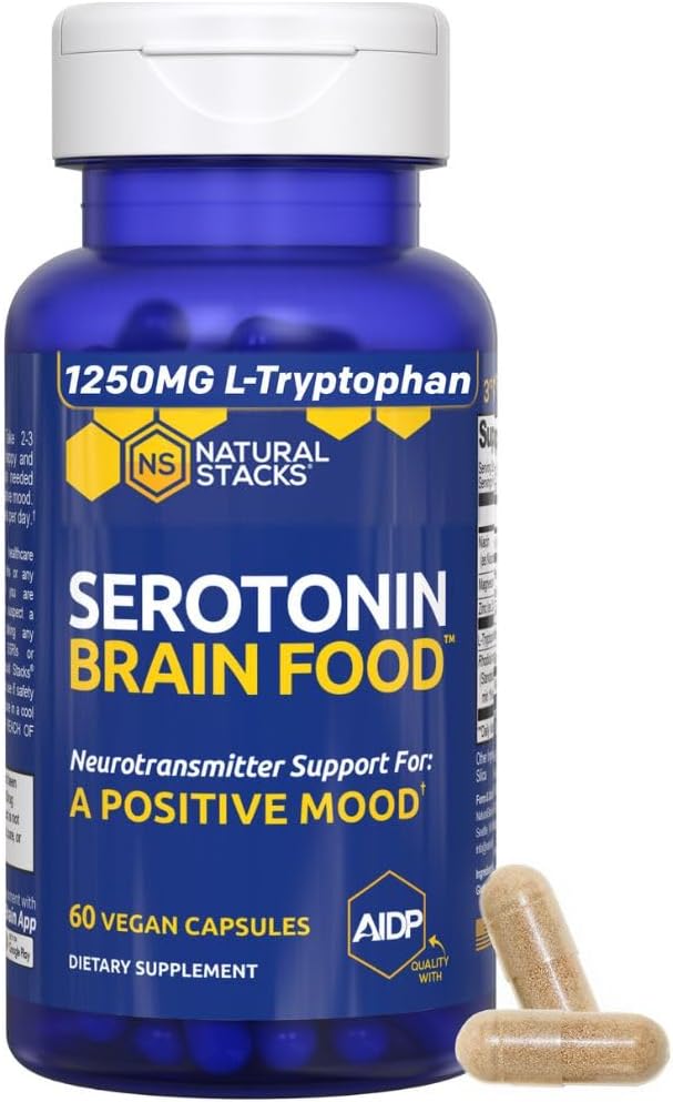 Serotonin Brain Food - 1250mg L-Tryptophan & 400mg Rhodiola Rosea Supplement, 60 Capsules