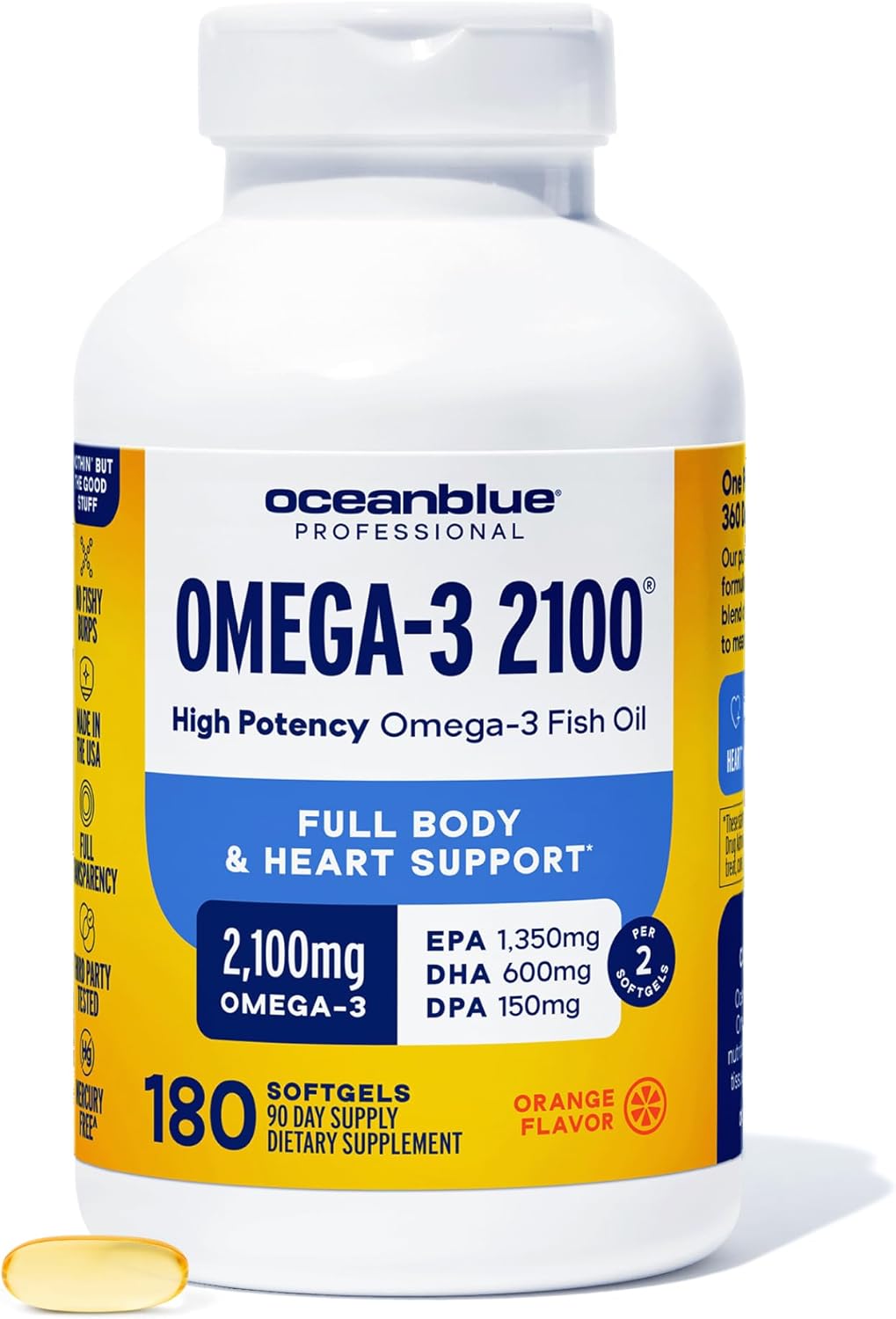 Oceanblue Professional Omega-3 2100 – 180 ct – Triple Strength Burpless Fish Oil Supplement, (90 Servings)