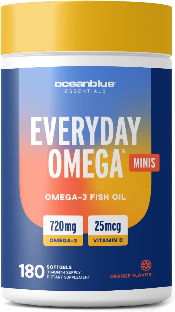 Oceanblue Essentials Everyday Omega Minis | Burpless Fish Oil with Vitamin D3 | Heart and Immune Support, (180 Count Minicap)