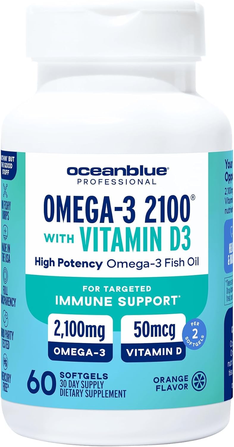 Oceanblue Professional Omega-3 2100 with Vitamin D3 – 60 ct – Triple Strength Burpless Fish Oil Supplement (30 Servings)