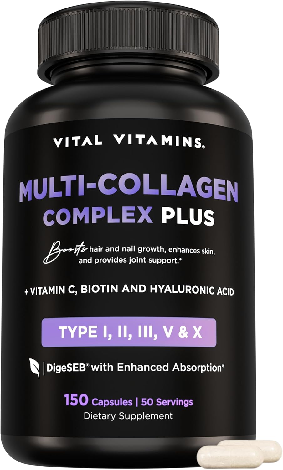 Vital Vitamins Multi Collagen Complex Plus - with Biotin, Hyaluronic Acid, Vitamin C - Type I, II, III, V, X - for Women & Men - 150 Capsules