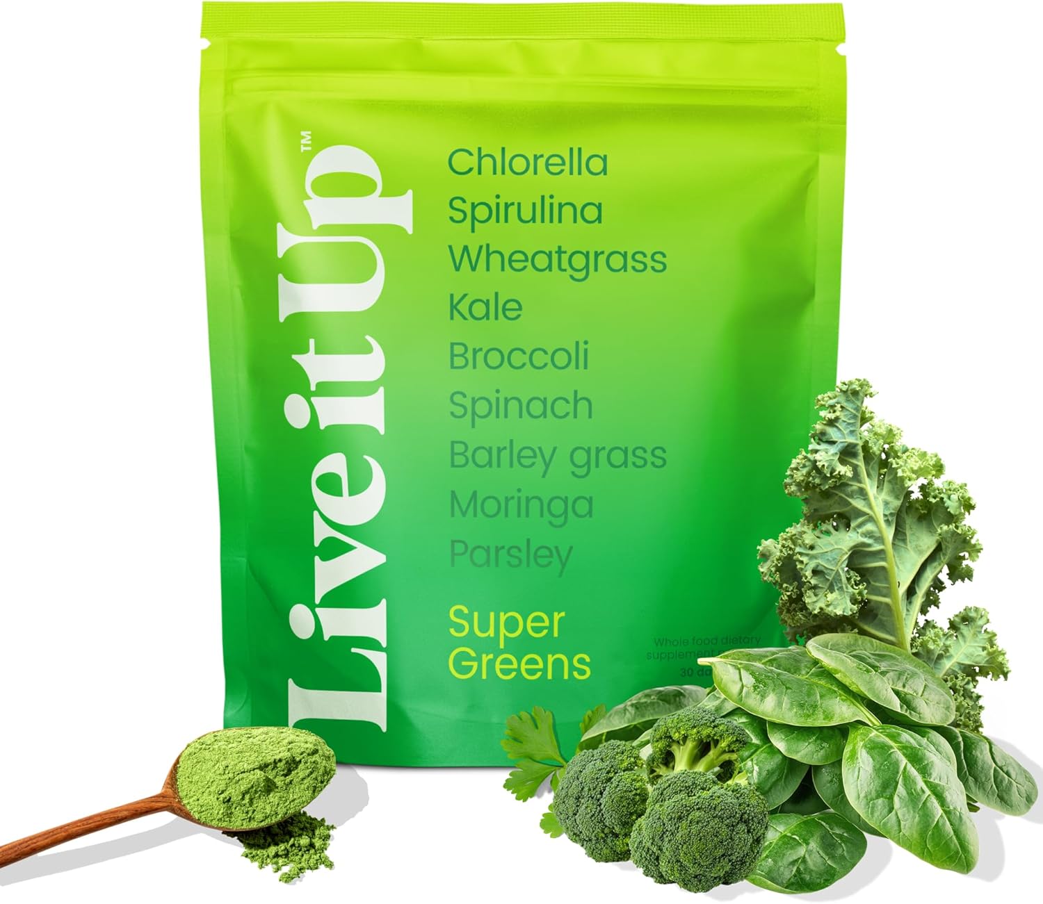 LIVE IT UP Super Greens Powder | All-Natural Plant-Based Superfood Blend with Probiotics & Digestive Enzymes - 30 Servings