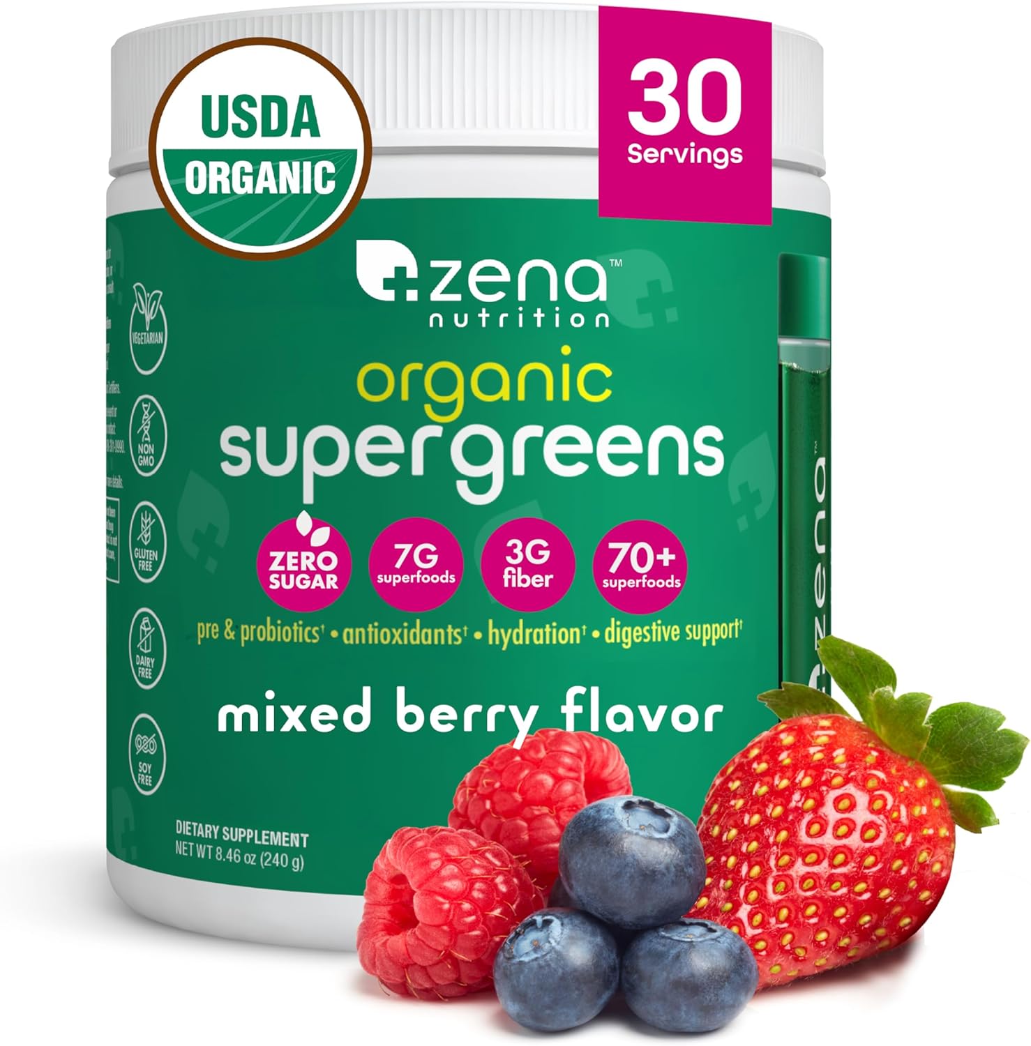 Zena Nutrition Organic Super Greens Powder, 70+ Superfoods, 0 Sugar, 3G Fiber, Spirulina 30 Servings