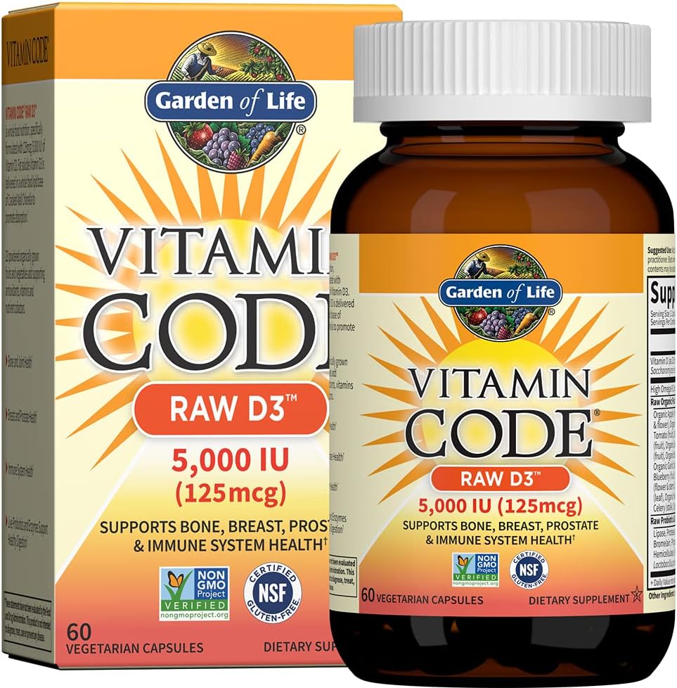 Garden of Life Vitamin D3 5000 IU, Raw Whole Food Supplements, 60 Vegetarian Capsules