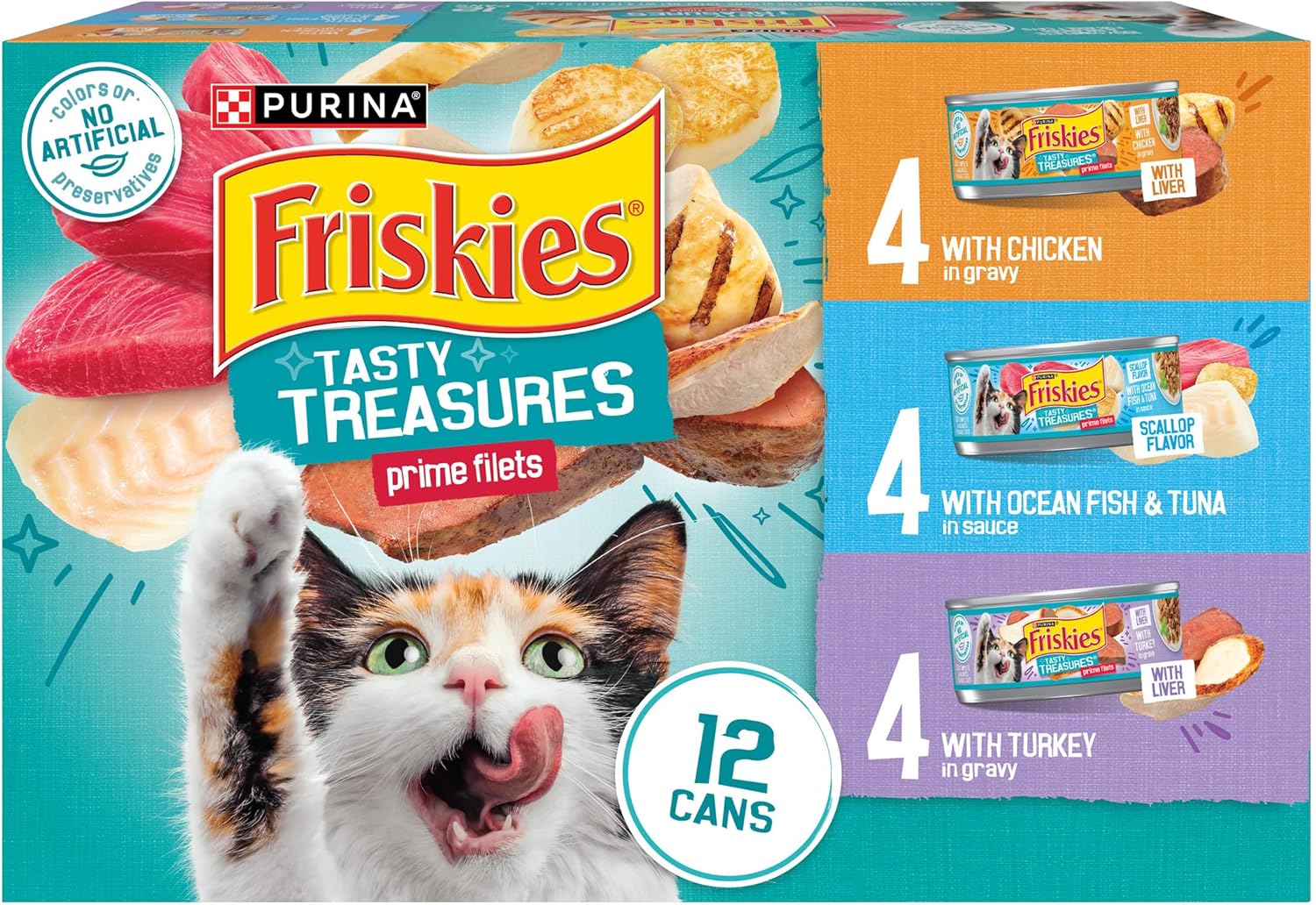 Purina Friskies Wet Cat Food Variety Pack, Tasty Treasures Prime Filets - 5.5 Ounce (Pack of 12)