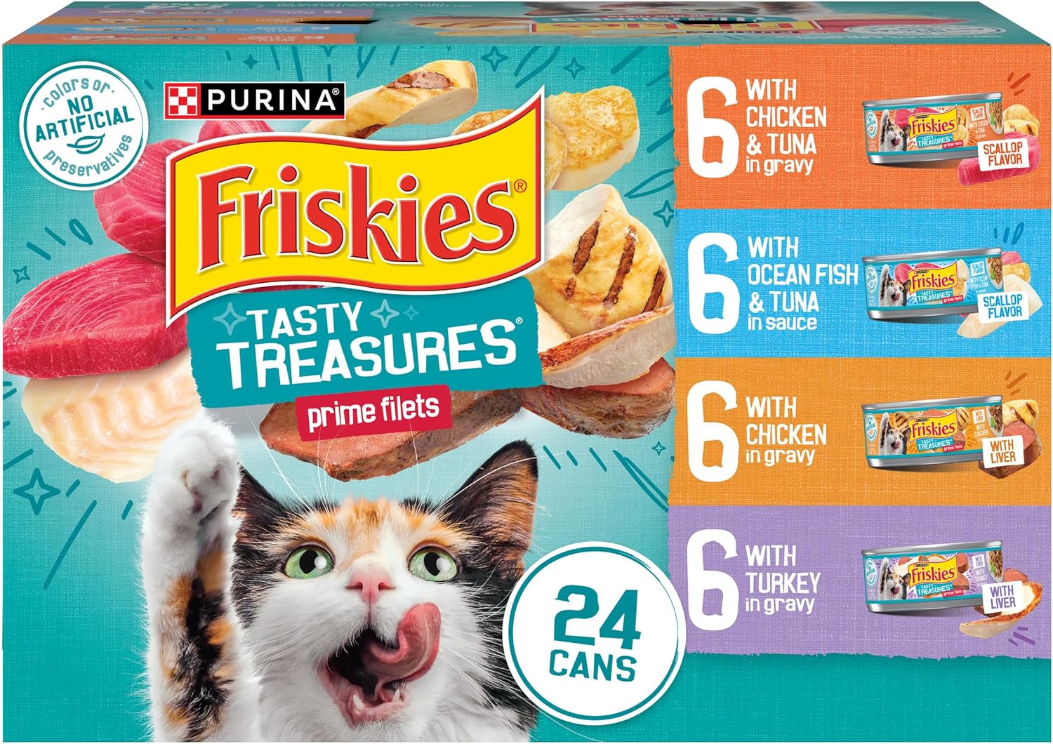 Purina Friskies Wet Cat Food Variety Pack, Tasty Treasures Prime Filets  - (Pack of 24) 5.5 oz. Cans