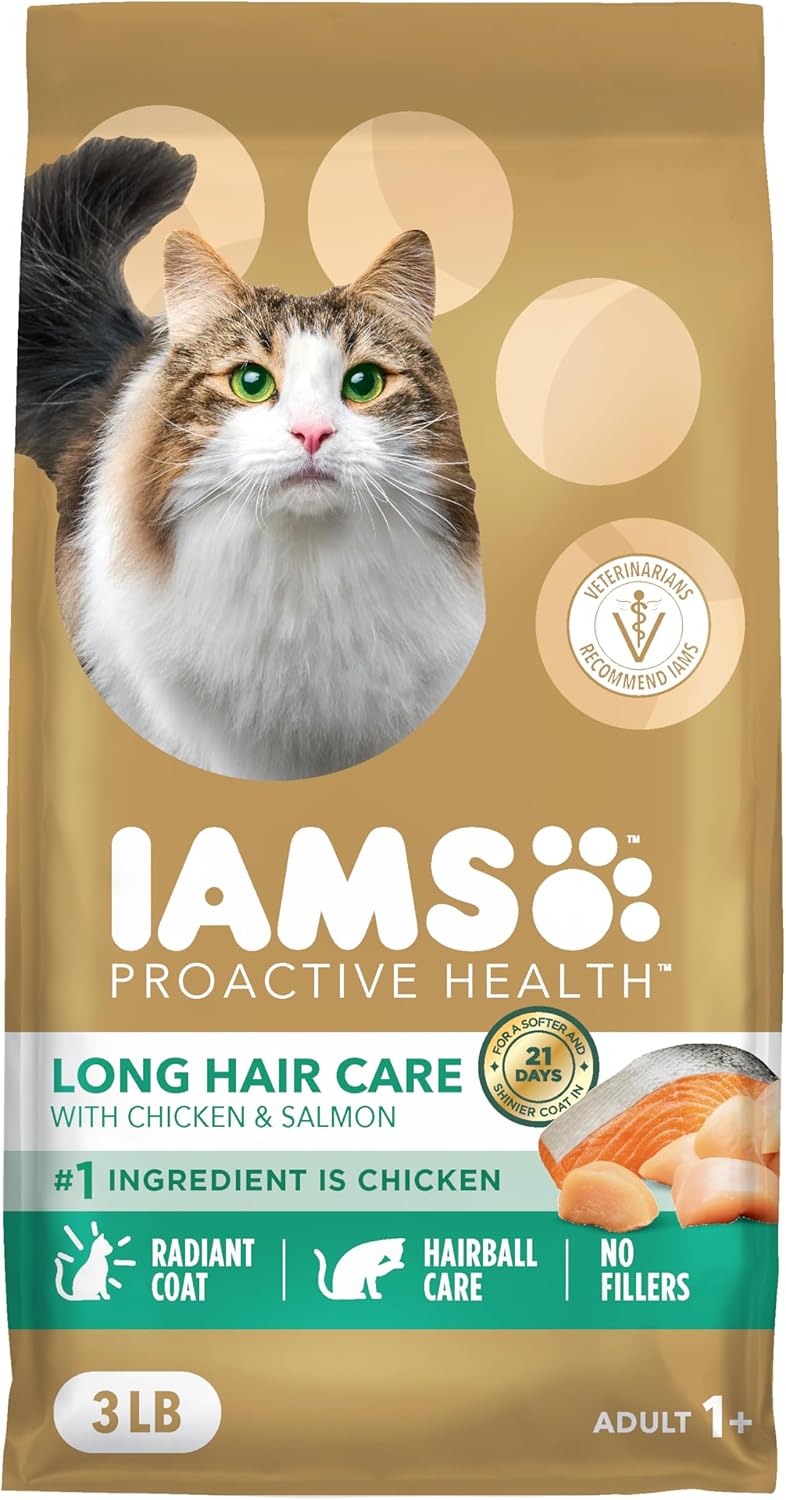 IAMS Proactive Health Long Hair Care Adult Dry Cat Food with Real Chicken & Salmon, 3 lb. Bag