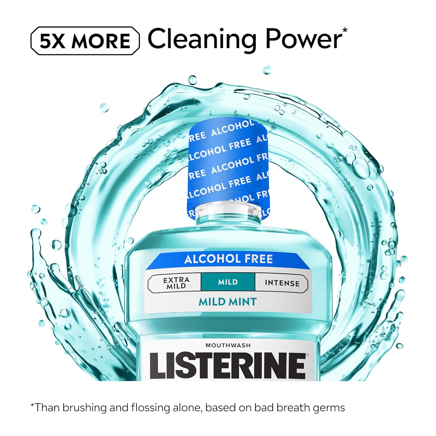 Listerine Cool Mint Alcohol-Free Mild Mouthwash, Oral Rinse Kills 99.9% of Germs That Cause Bad Breath, Less Intense Taste, Mild Mint Flavor, 1 L