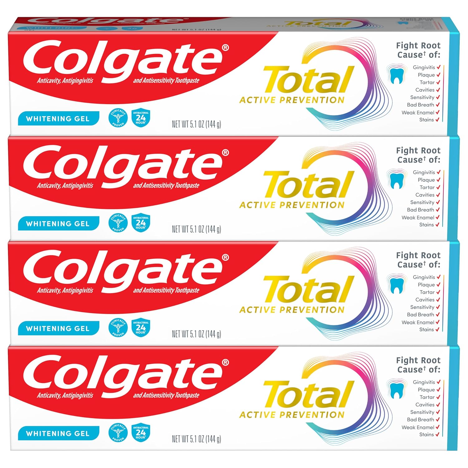 Colgate Total Active Prevention Whitening Gel Toothpaste with Fluoride, Bulk with Clinically Proven Formula That Fights Plaque Bacteria, Mint, 4 Pack, 5.1 oz