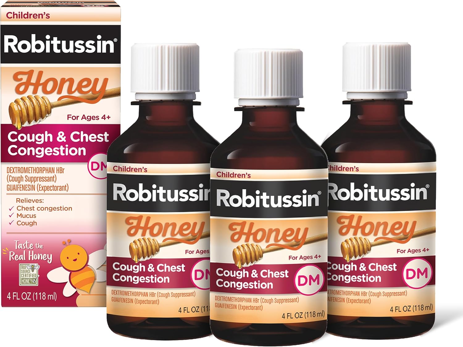 Children's Robitussin Honey Cough and Chest Congestion DM, Children's Cough Medicine Made with Real Honey for Flavor - 4 Fl Oz x 3