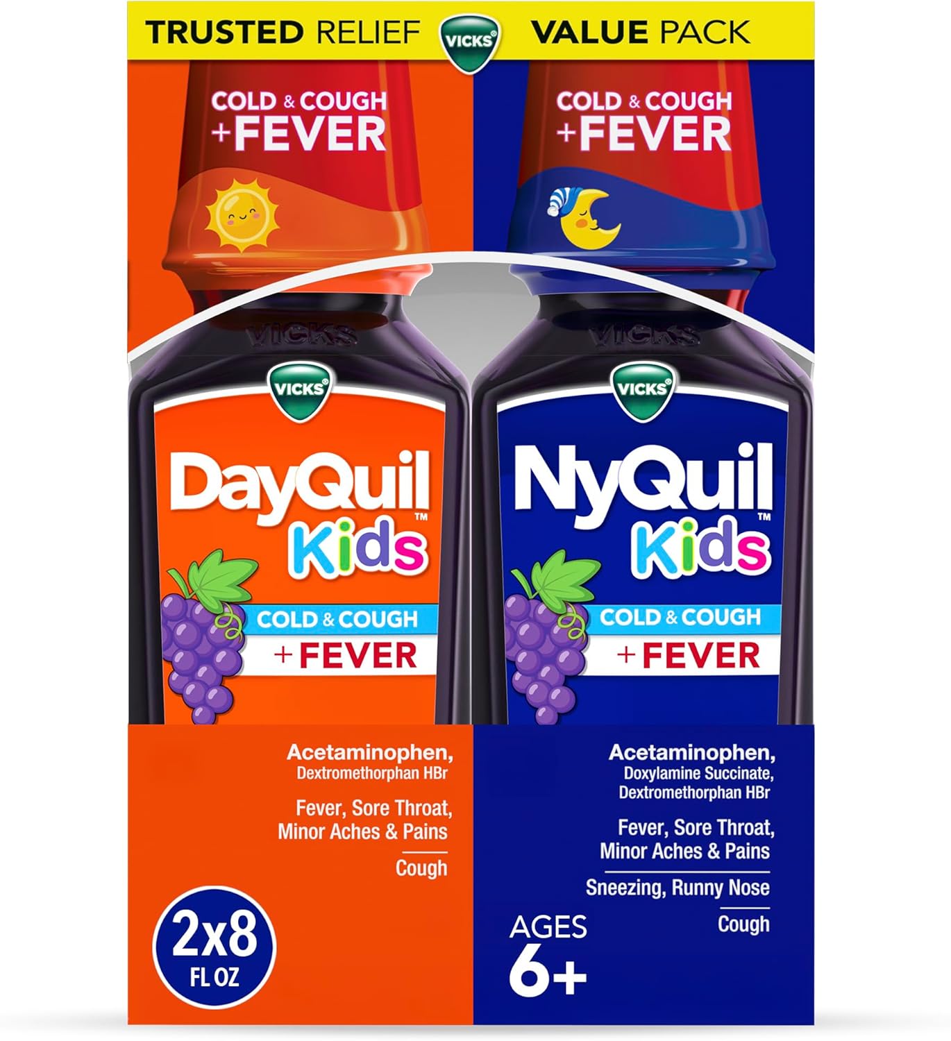 VICKS DayQuil and NyQuil Kids Grape Cold & Cough + Fever Multi-Symptom Relief Liquid Co-Pack, 2x8 OZ
