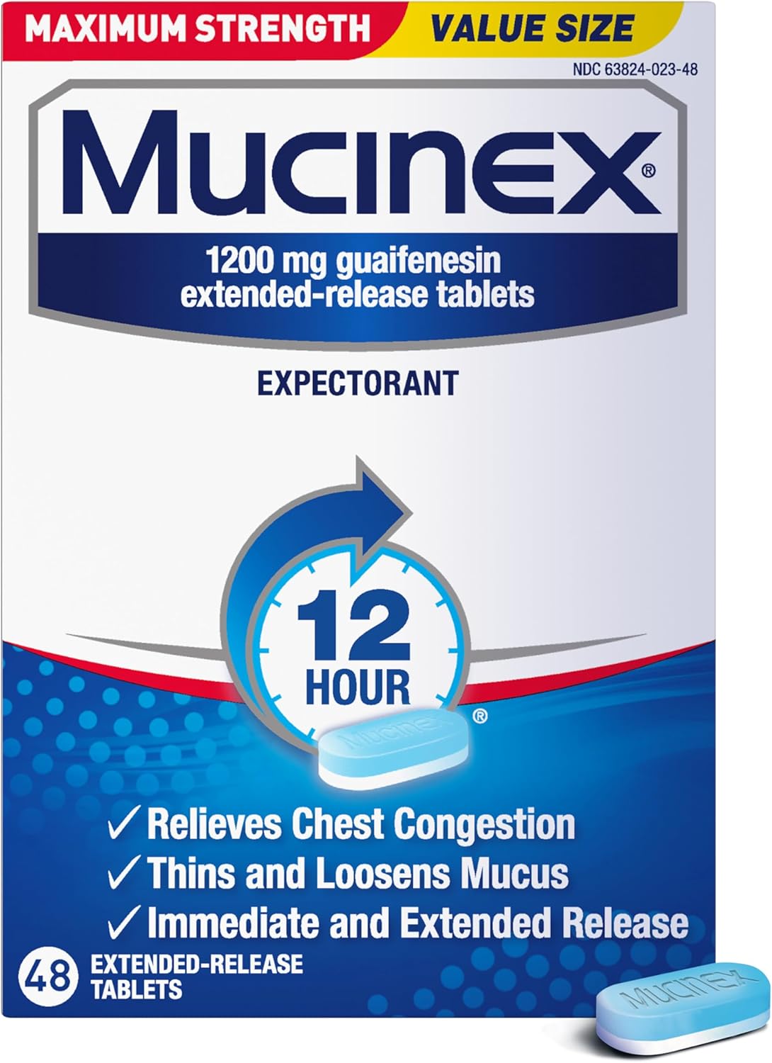 Mucinex 12 Hour Maximum Strength 1200 mg Guaifenesin Extended-Release Tablets for Excess Mucus Relief, 48 Tablets