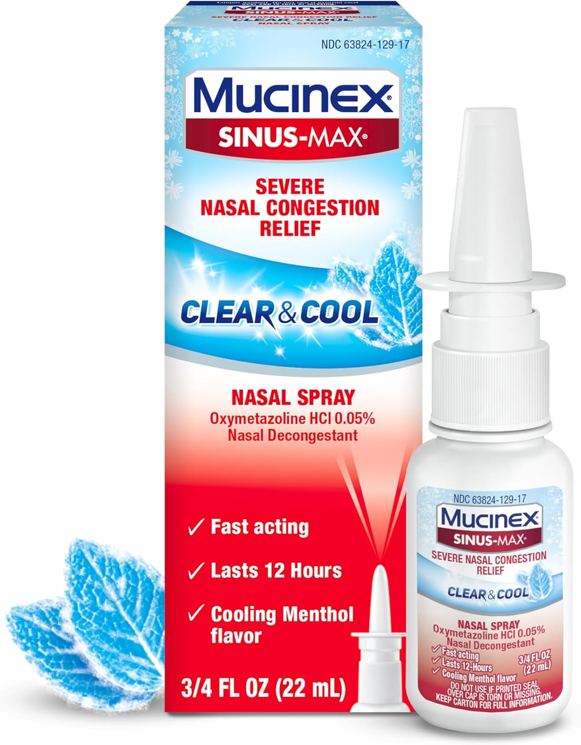 Mucinex Sinus-Max Nasal Spray Decongestant, 12 Hour Over-The-Counter Medication Nose Spray for Sinus Relief, Clear & Cool 3/4 Fl Oz( 22ML)