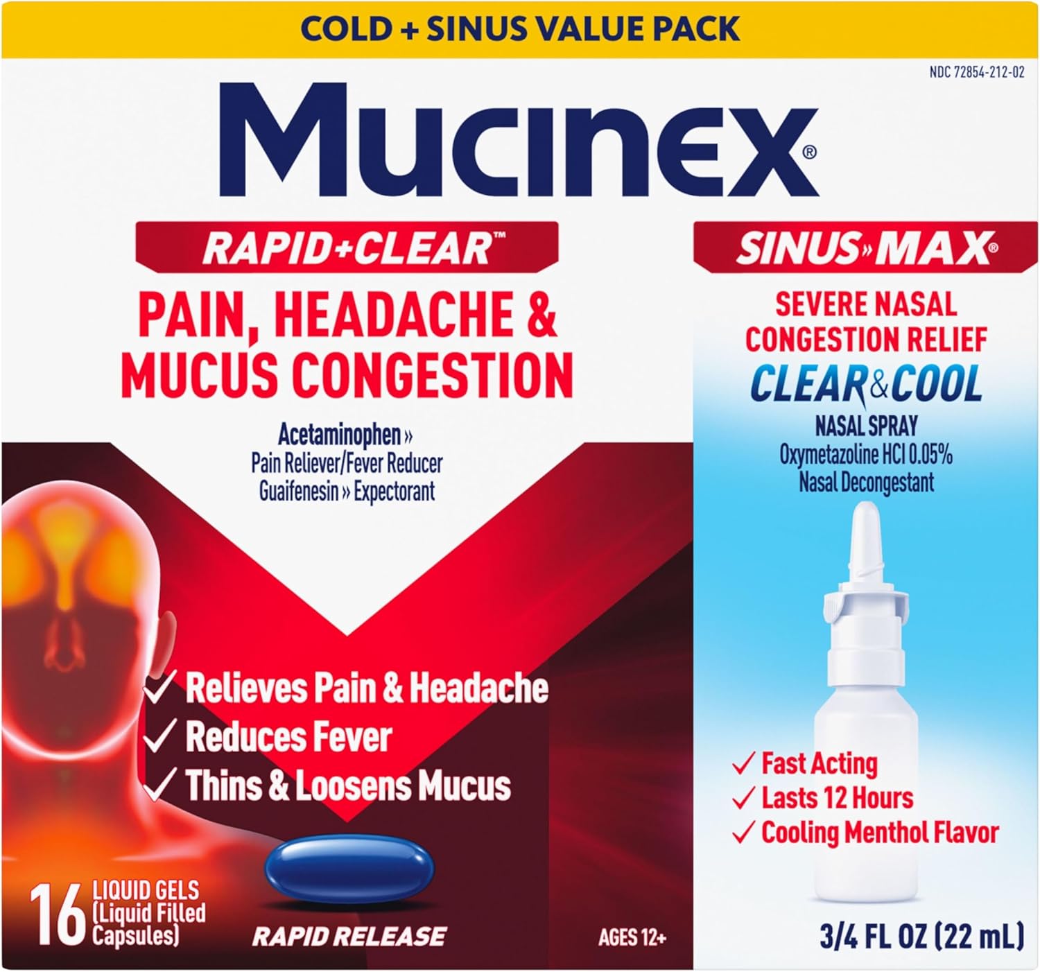 Mucinex Rapid+Clear Pain, Headache, & Mucus Congestion (16 Liquid Gels) + Sinus Pressure Relief Nasal Spray (0.75 oz)