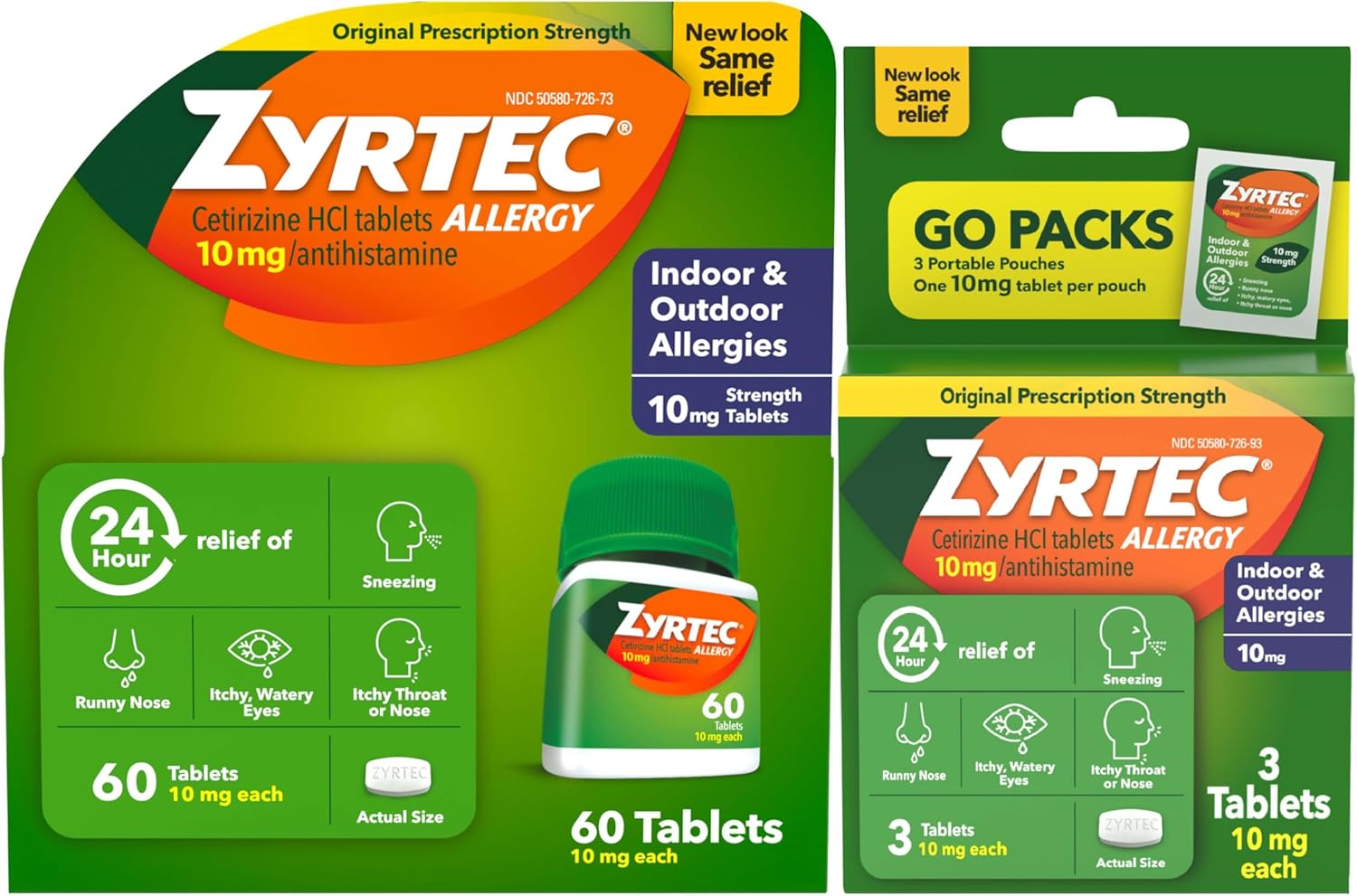 Zyrtec 24 Hour Allergy Relief Tablets, Indoor and Outdoor Allergy Medicine 60 ct + 3 ct Travel Packs, 63 Count