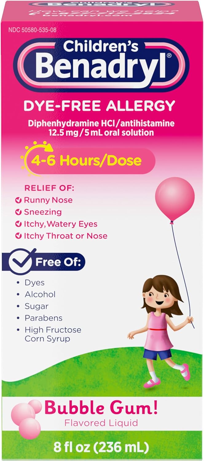 Benadryl Children’s Dye-Free Allergy Relief Liquid, Allergy Medicine for Kids, 8 fl