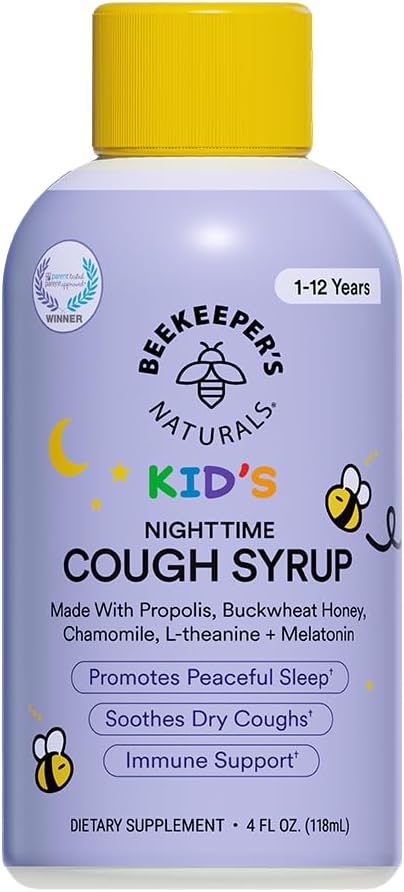Beekeeper's Naturals Propolis Honey Cough Syrup Nighttime for Kids Immune Support, 4 oz.