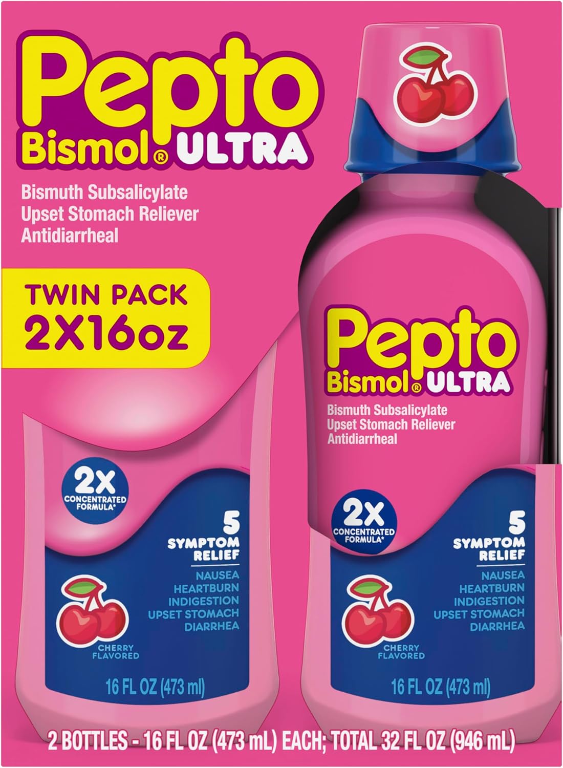 Pepto Bismol ULTRA Liquid for Nausea, Heartburn, Indigestion, Upset Stomach, and Diarrhea, 2x16 oz