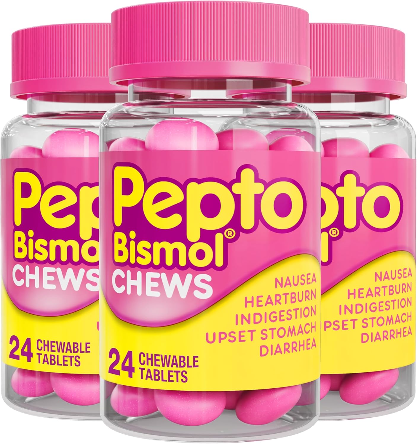 Pepto Bismol Chews, Upset Stomach Relief, Nausea Relief, Heartburn Relief, Indigestion Relief, 72 Chewable Tablets (3x24 ct)