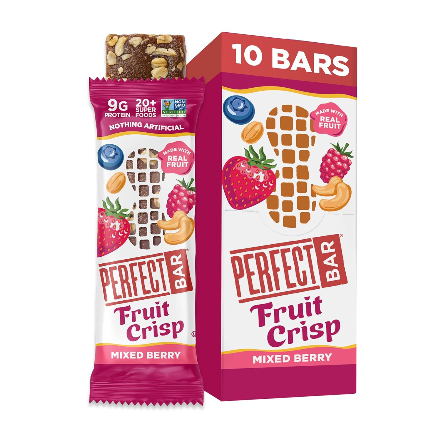 Perfect Bar Protein Bars, Fruit Crisp, Mixed Berry Nut Butter, Gluten Free, Made with Organic Honey, 1.9 Oz Bars, 10 Count
