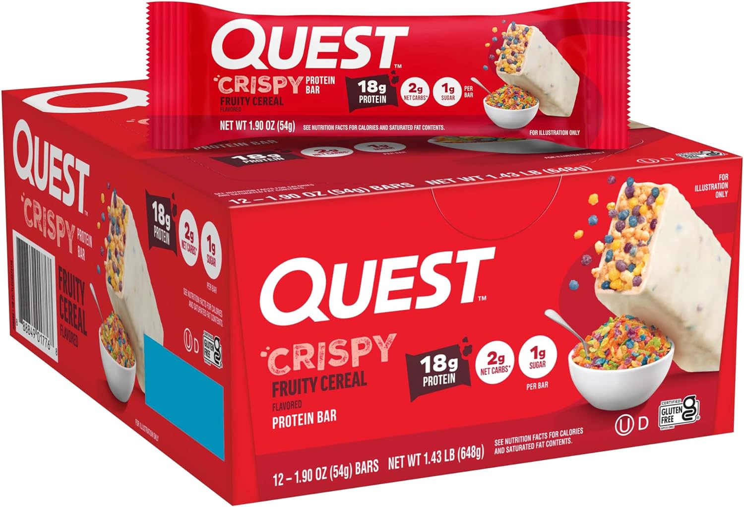 Quest Nutrition Crispy Protein Bar, Fruity Cereal Flavor, 18g Protein, 1g Sugar, 2g Net Carbs, Low Sugar, 12 Count