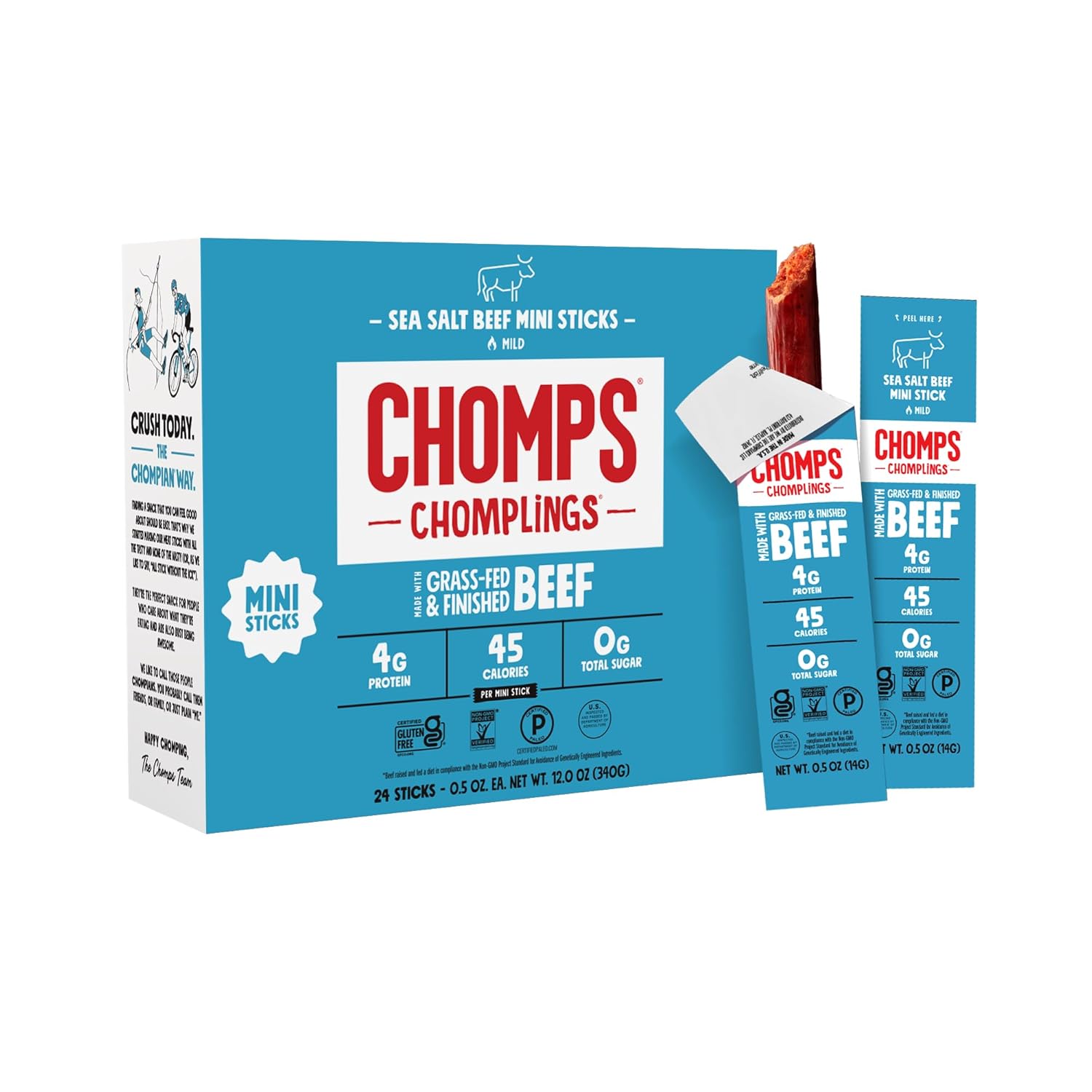 Chomps Snack Size Grass-Fed and Finished Sea Salt Beef Jerky Snack Sticks 0.5oz 24-Pack