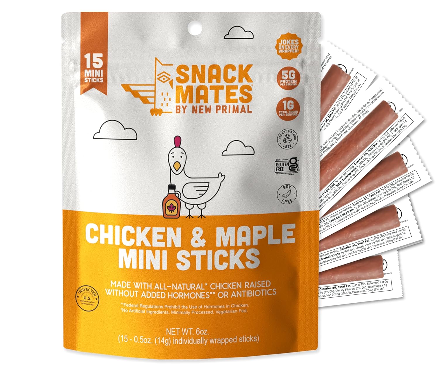 The New Primal Snack Mates Chicken & Maple Sticks, Gluten Free Healthy Snacks for Kids, 15 Pack