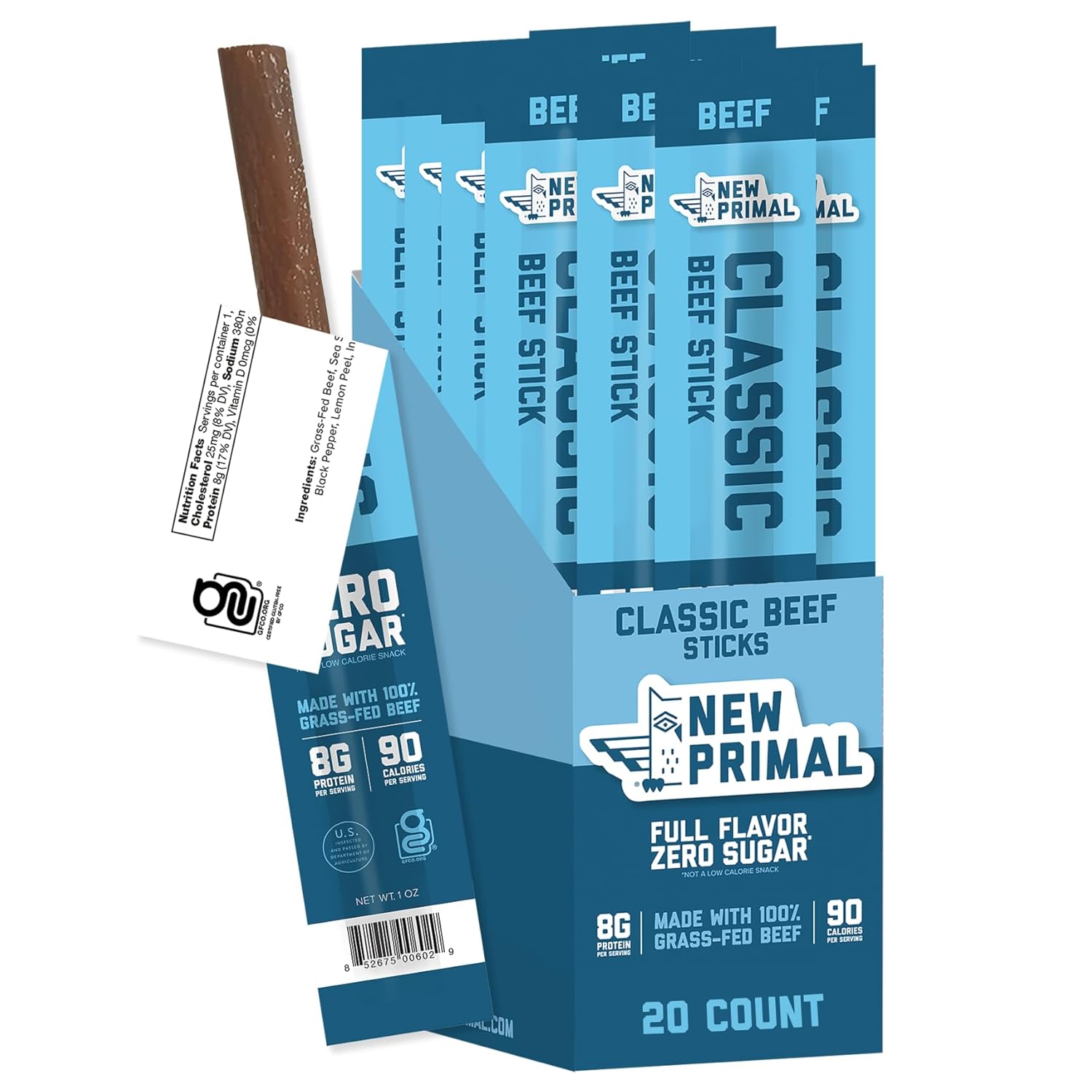The New Primal Grass Fed Beef Sticks, Keto, Gluten Free Healthy Snacks for Adults, 8g Protein, 90 Calories, 20 Pack
