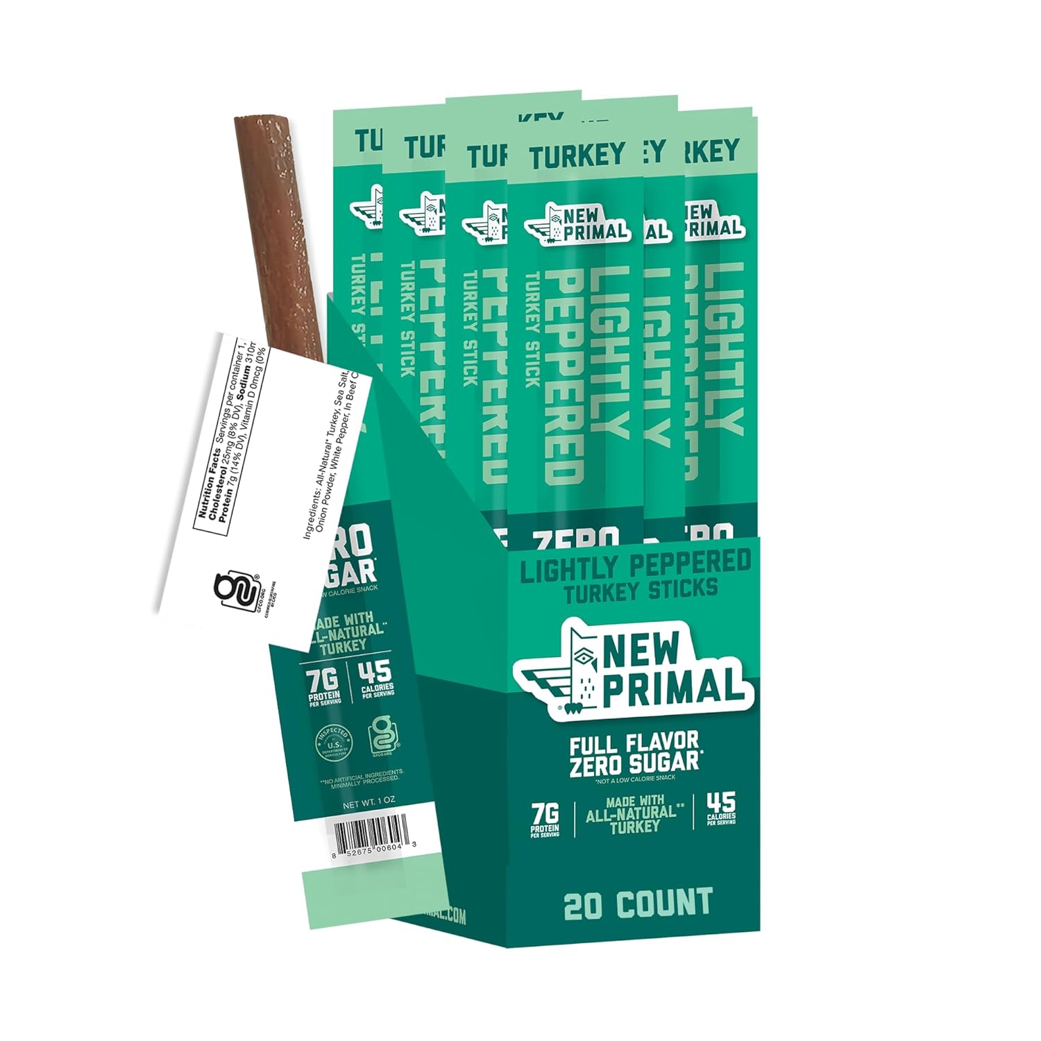 New Primal Lightly Peppered Turkey Sticks, Keto, Gluten Free Healthy Snacks, 7g Protein, 20 Ct