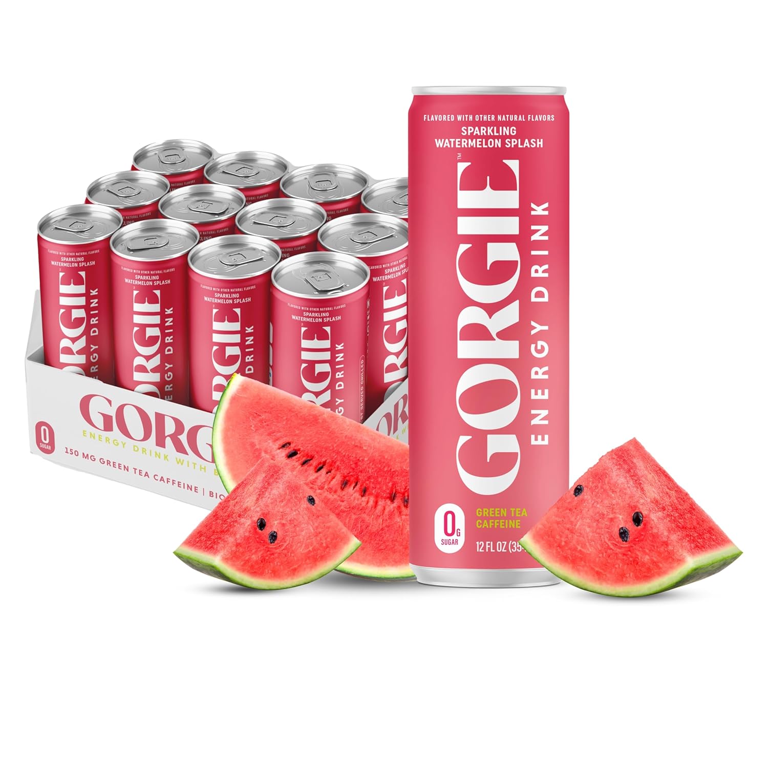 GORGIE Sugar Free Natural Energy Drinks, Sparkling Watermelon Crush (12 Pack)