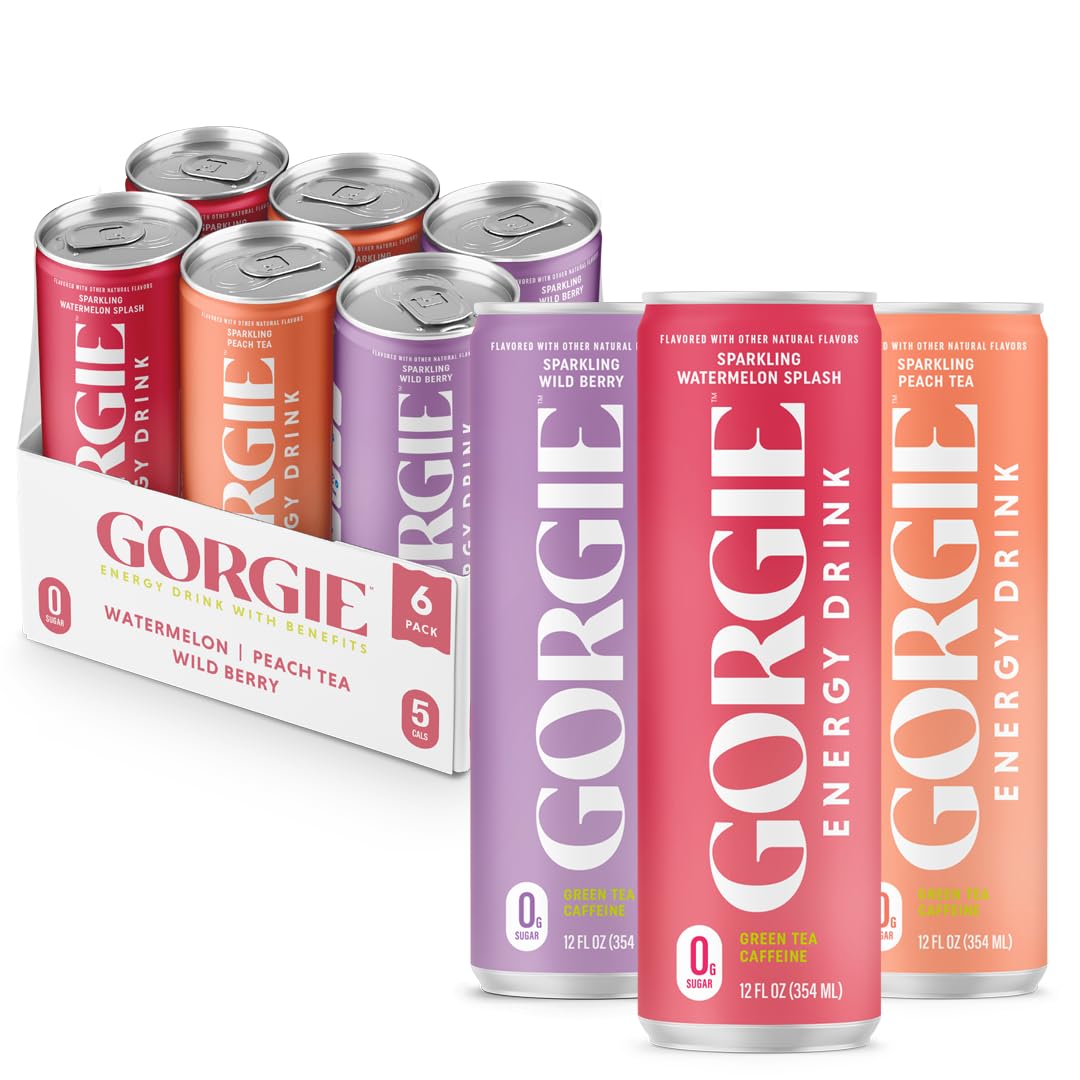 GORGIE Sugar Free Natural Energy Drinks, Sparkling Original Variety Pack (6 Cans) Healthy Energy Drink
