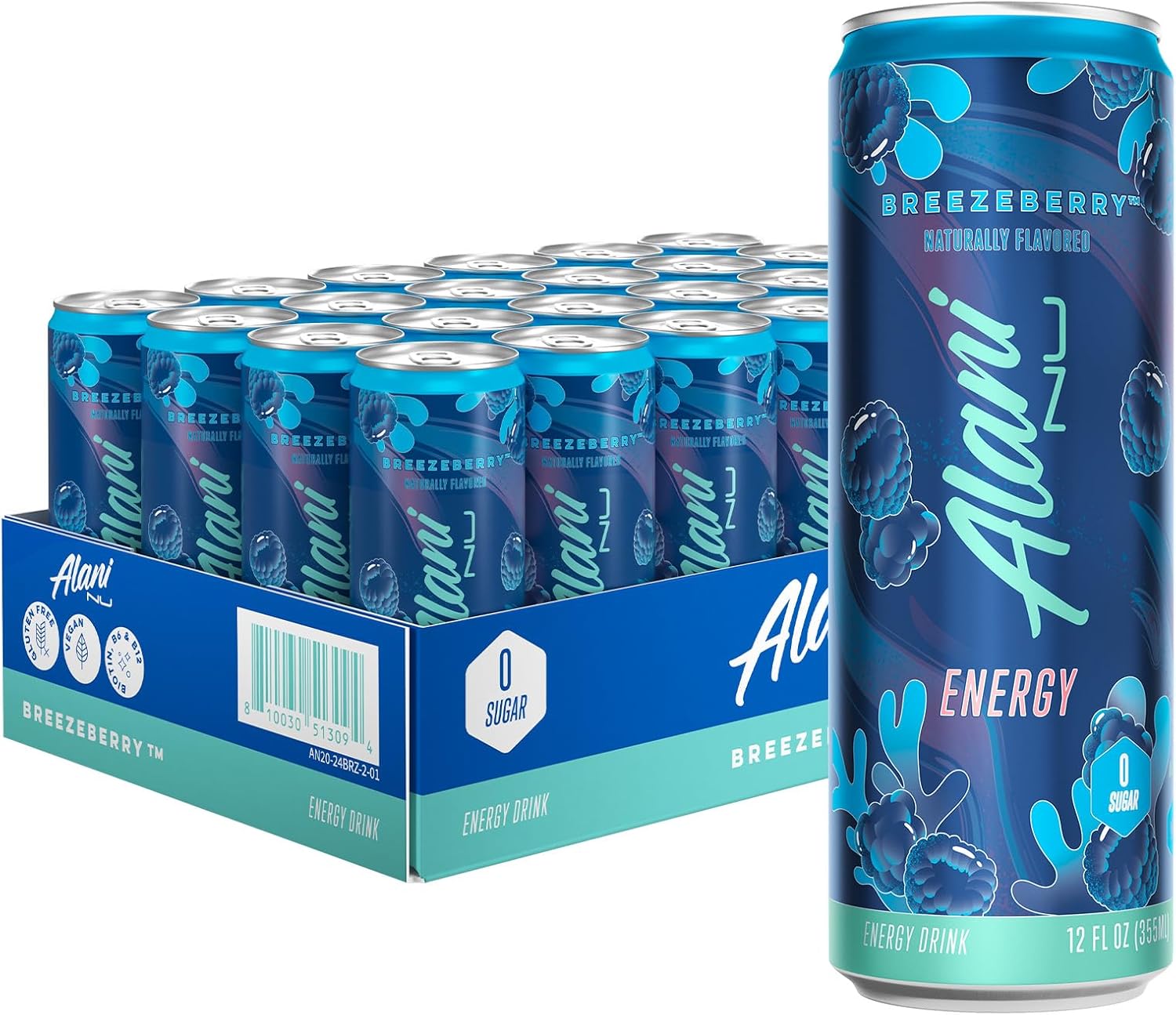 Alani Nu BREEZEBERRY, Sugar Free, Low Calorie Energy Drinks, 12 Fl Oz Cans, 24 Pack