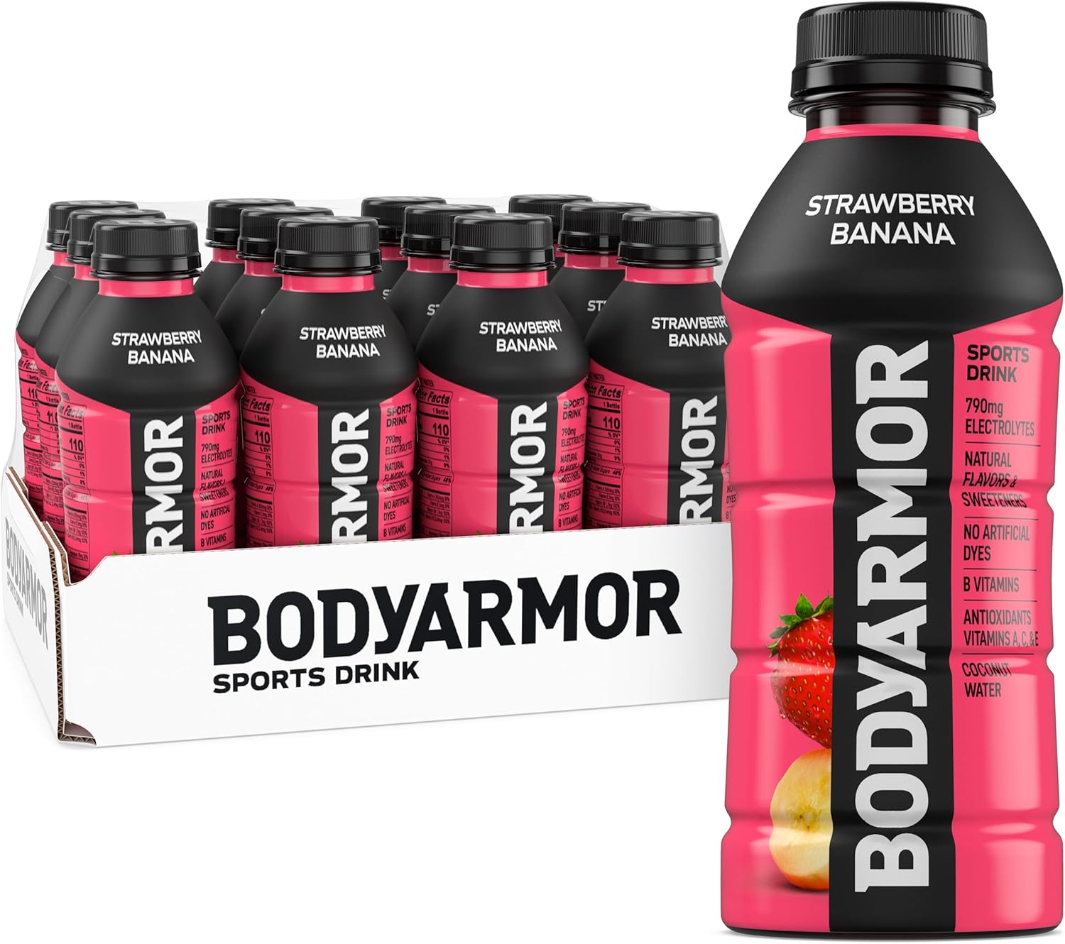 BODYARMOR Sports Drink Sports Beverage, Strawberry Banana, Potassium-Packed Electrolytes, Perfect For Athletes, 16 Fl Oz (Pack of 12)