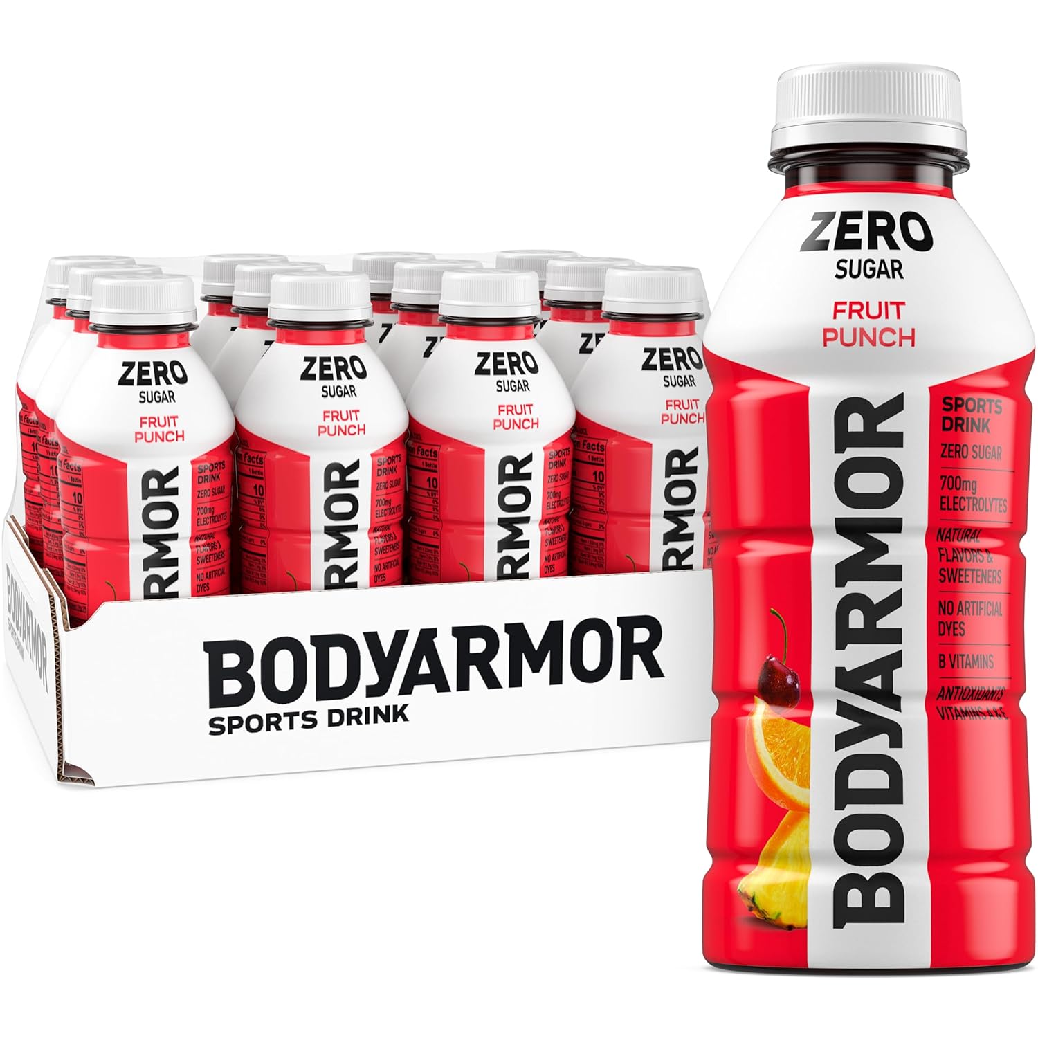 BODYARMOR ZERO Sugar Fruit Punch, Sugar Free Sports Drink, Natural Flavors with Potassium Packed Electrolytes, Antioxidants, and B-vitamins, 16 fl oz (pack of 12)