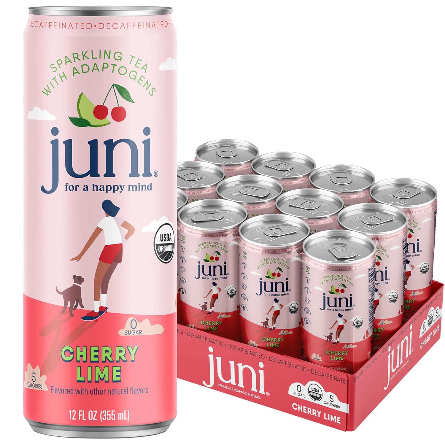 Juni Sparkling Adaptogen Drink with Ashwagandha, Lion’s Mane & Reishi Mushrooms - Cherry Lime 12 pack