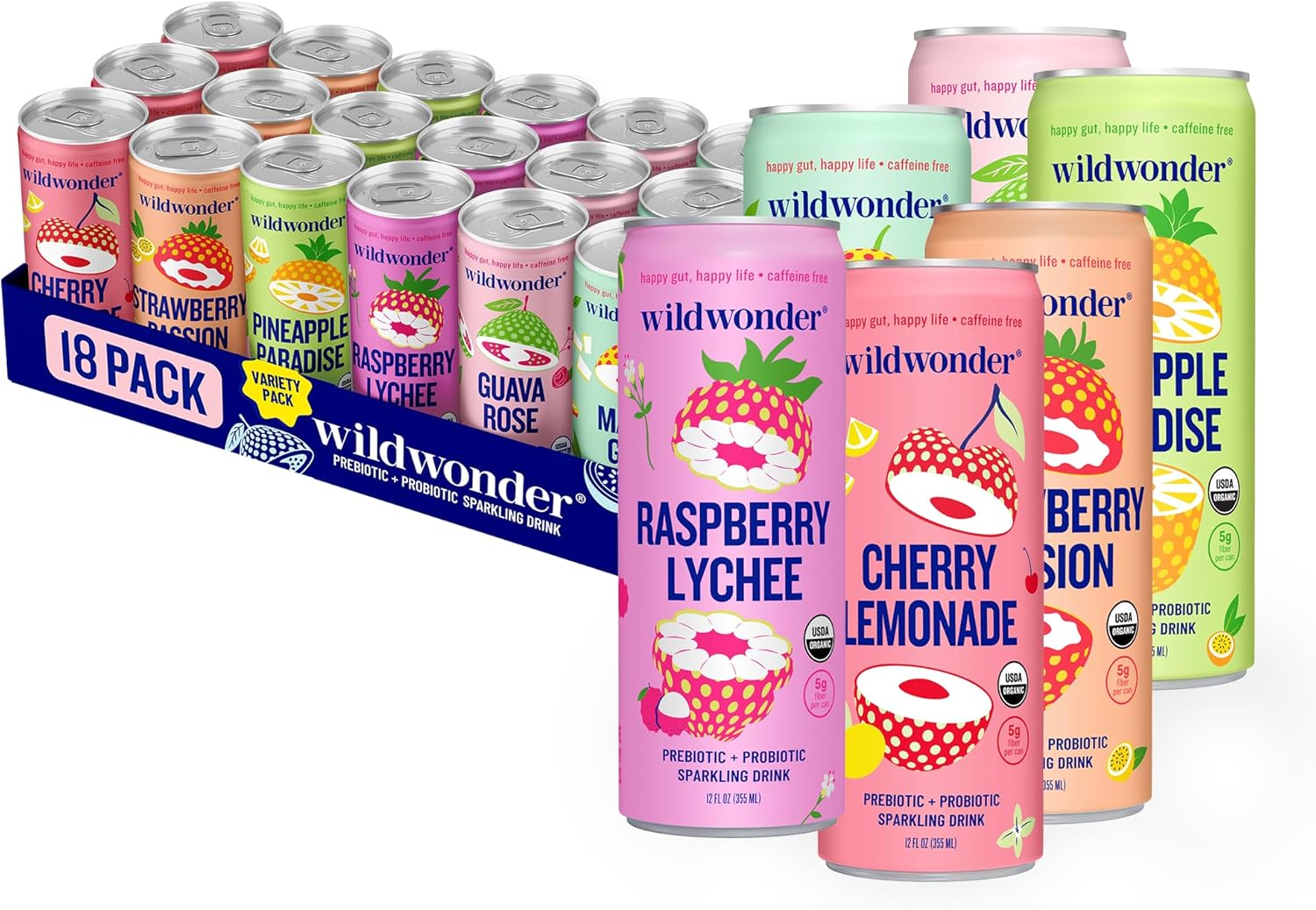 wildwonder Sparkling Probiotic Juice Drink 18pk, w/Gut Health & Immunity Support, Sampler Pack, 6 Flavors, Seen on Shark Tank