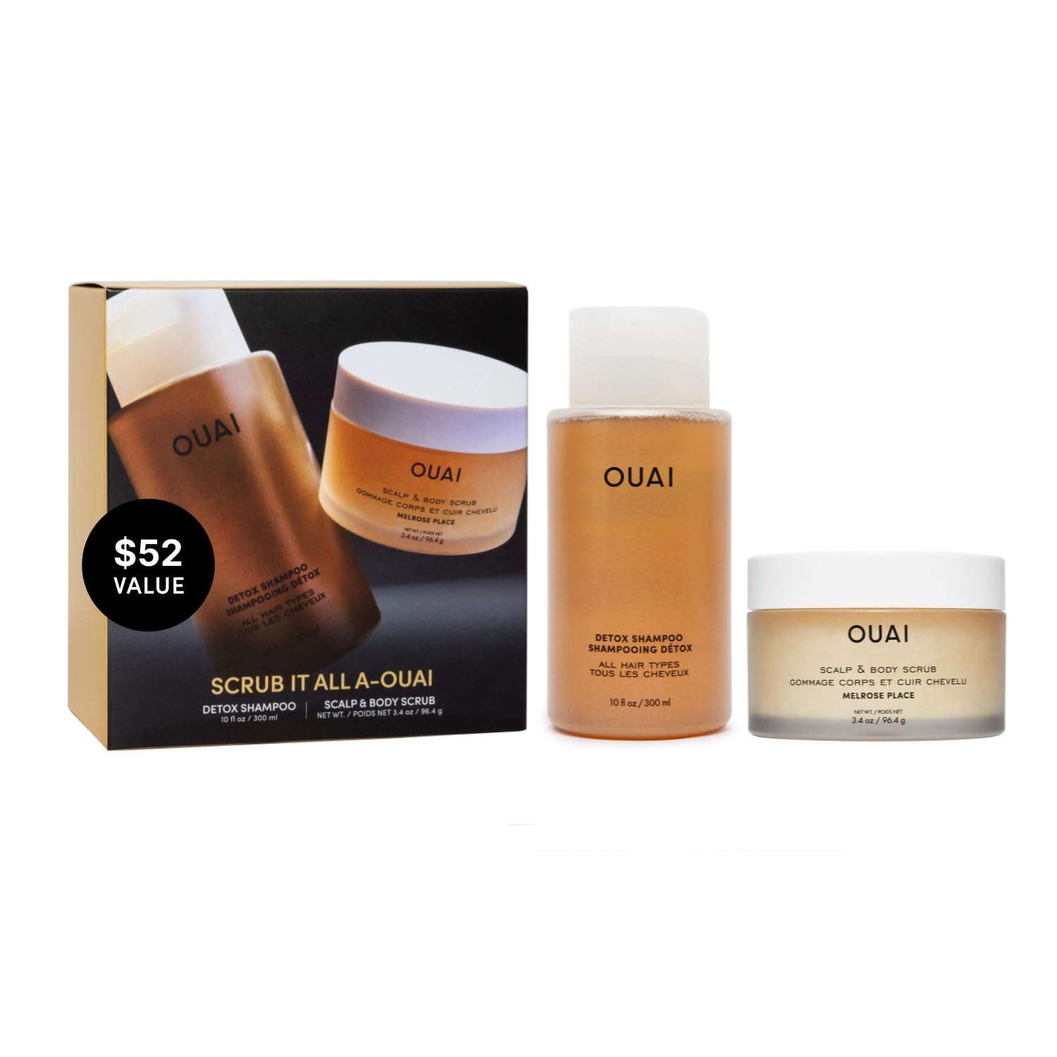 OUAI Hair Care Set - Clarifying Shampoo & Exfoliating Scalp Scrub, Hair Care Kit with Detox Shampoo & Travel Size Sugar Scrub for Scalp (2 Count)