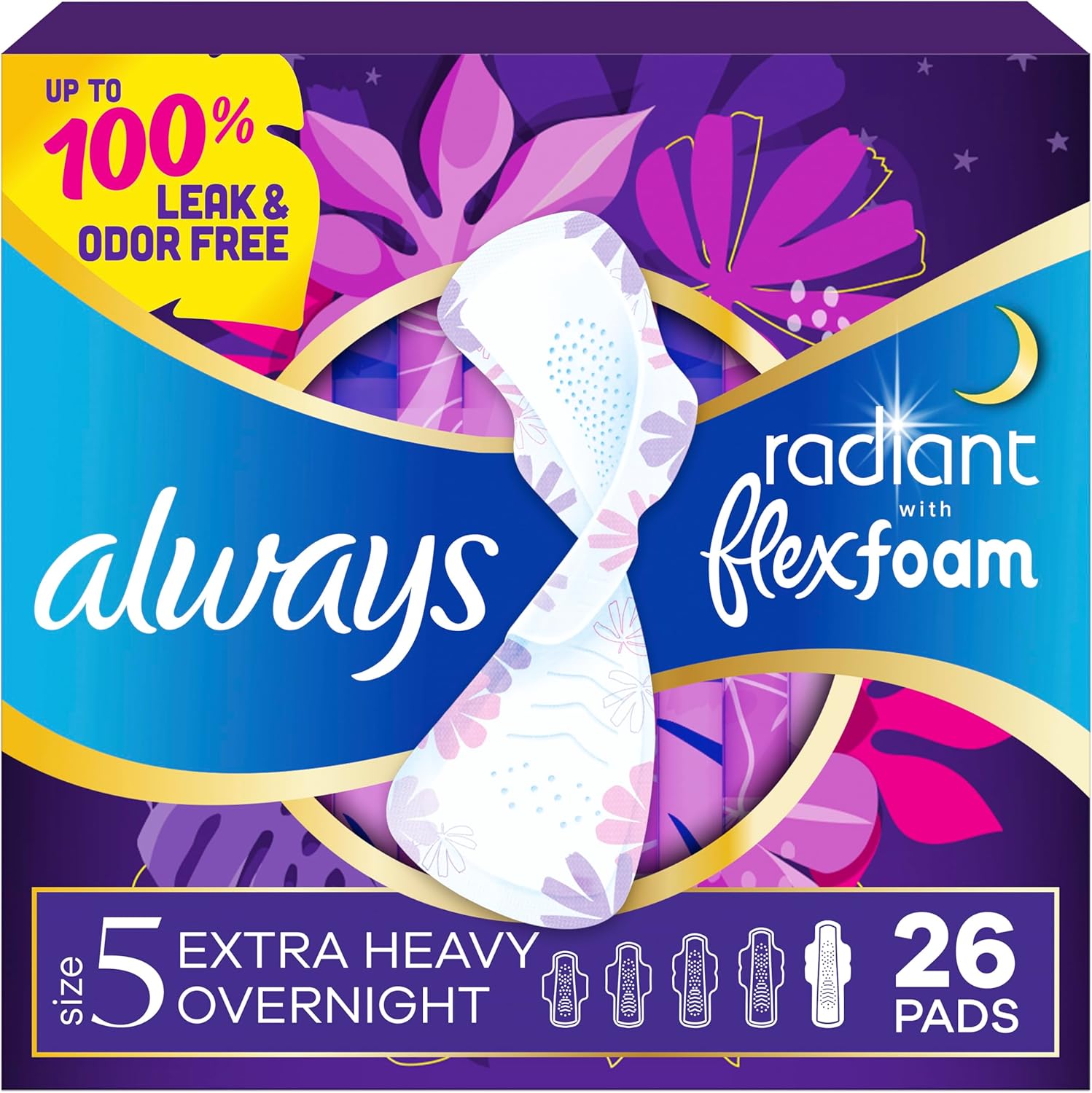 Always Radiant Feminine Pads for Women, Flexfoam Pads with Wings, Size 5, 26 Count