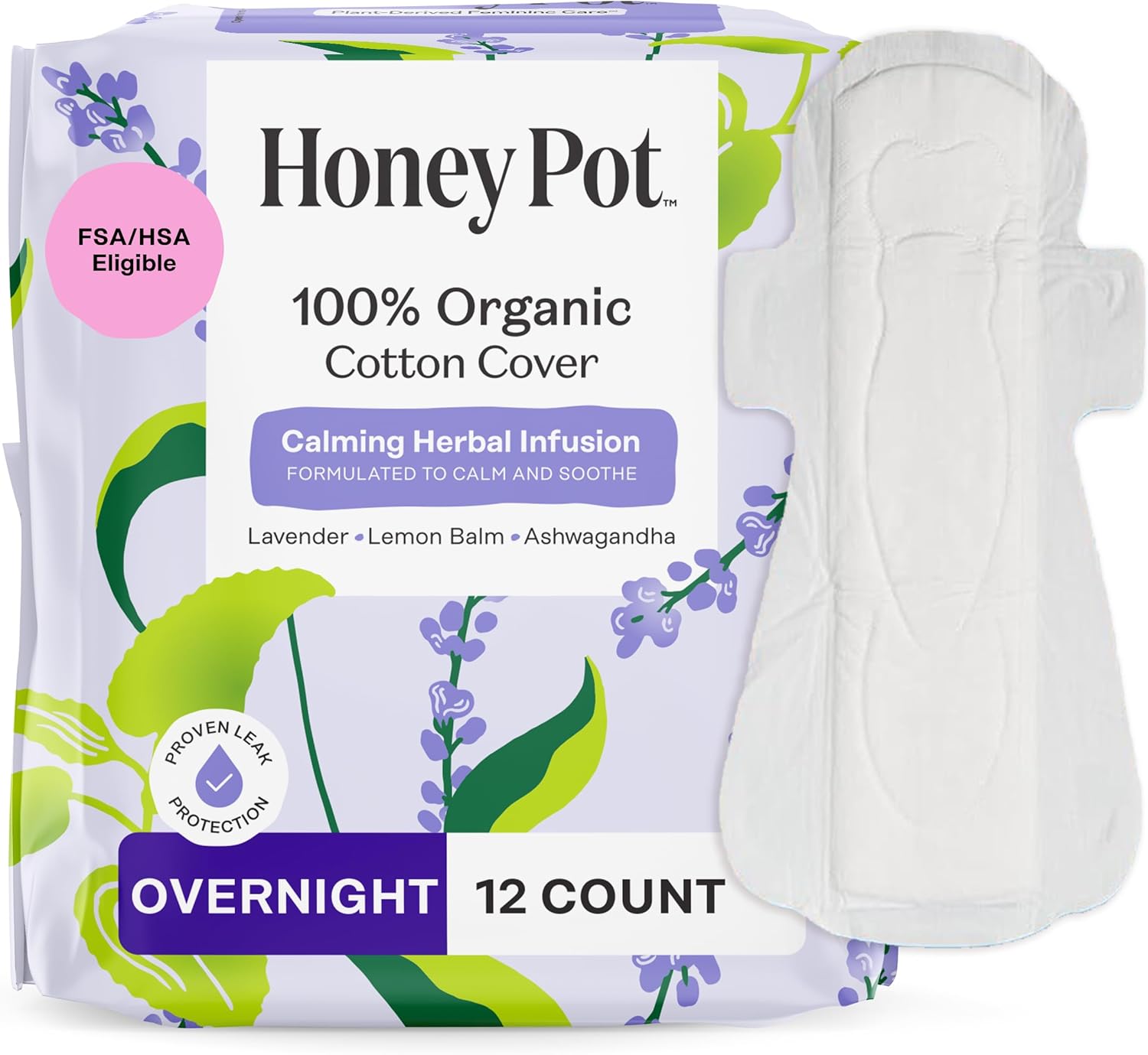 Honey Pot Calming Overnight Sanitary Pads for Women - 100% Organic Cotton Top Sheet - Feminine Care - 12ct