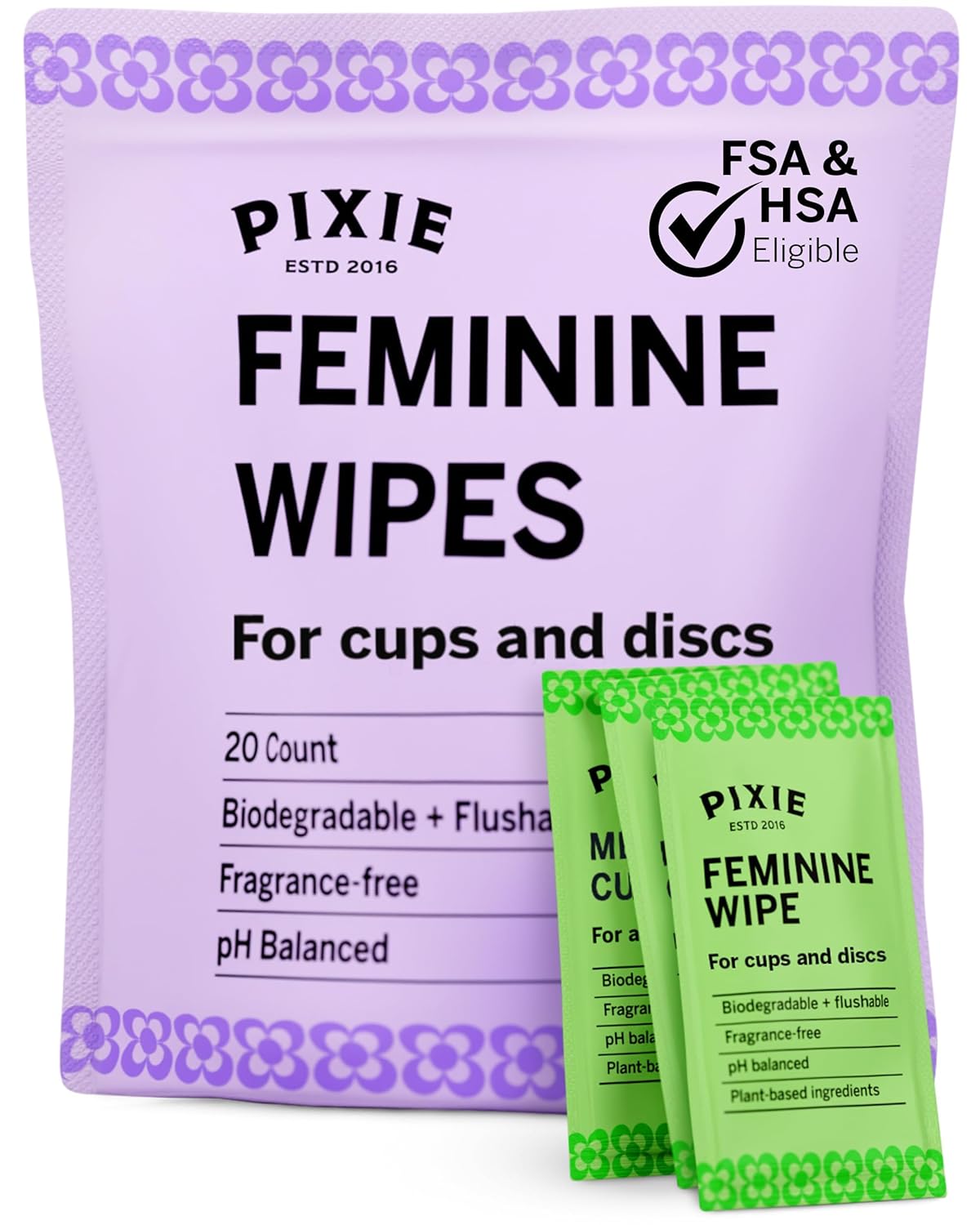 Pixie Feminine Wipes - Flushable, Biodegradable, pH Balanced & Unscented - Individually Wrapped Wipes for Feminine Care, (20 Count)
